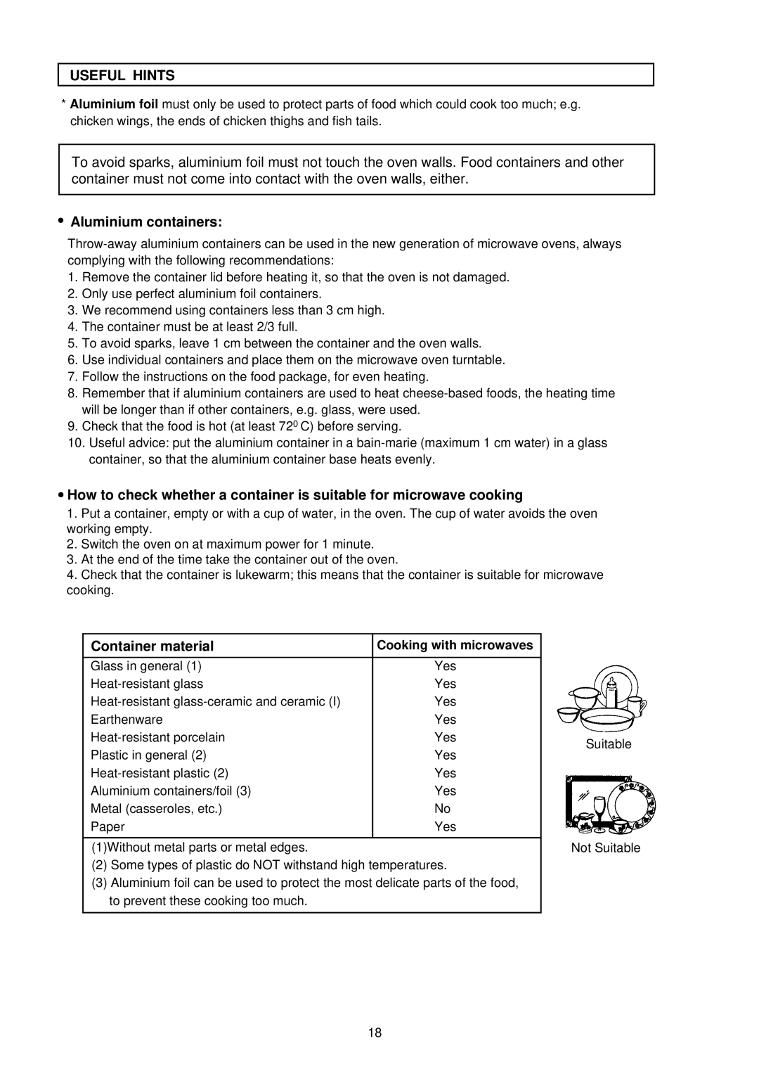 Palsonic PMO-758 manual Aluminium containers, Container material, Cooking with microwaves 