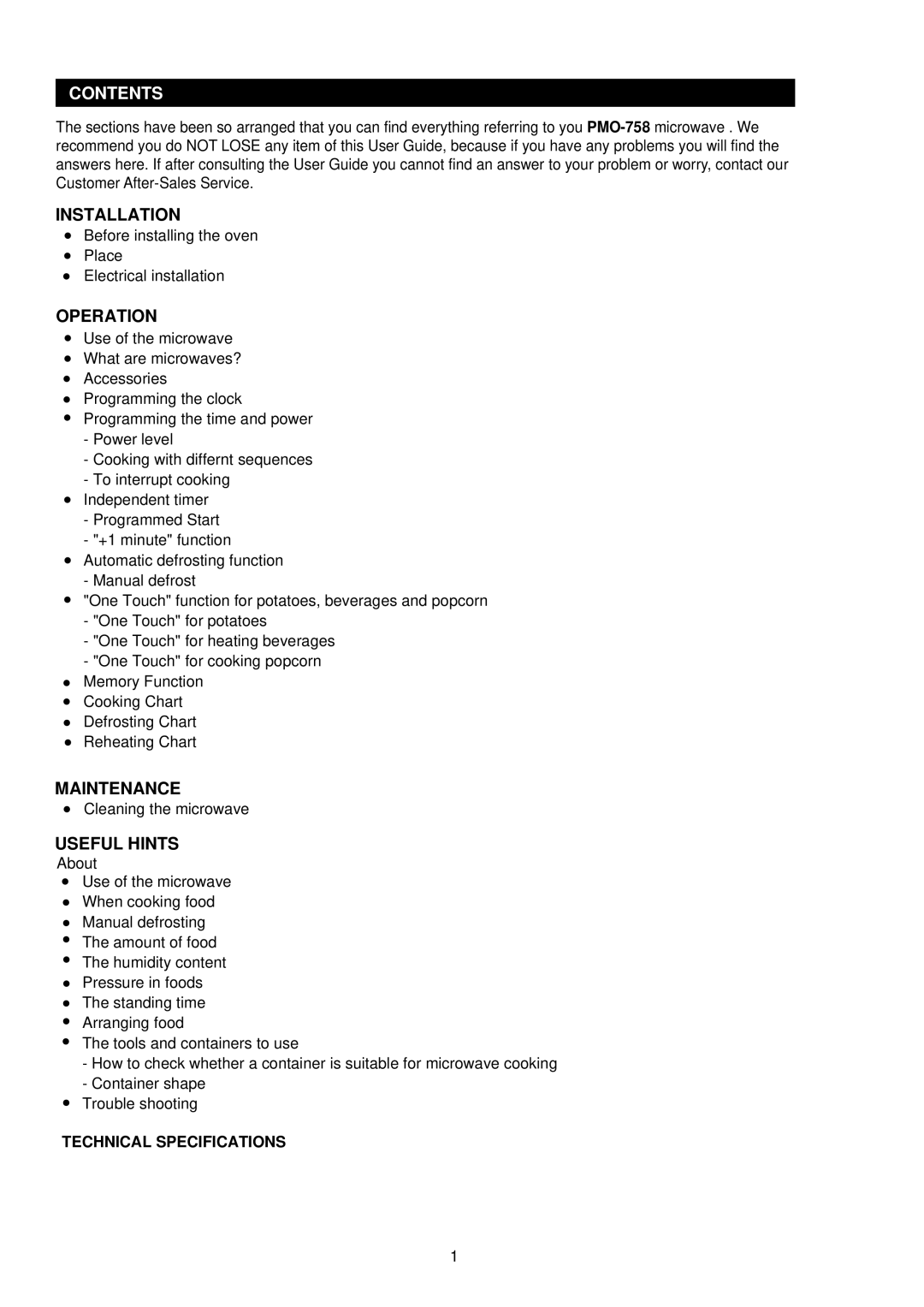 Palsonic PMO-758 manual Contents 