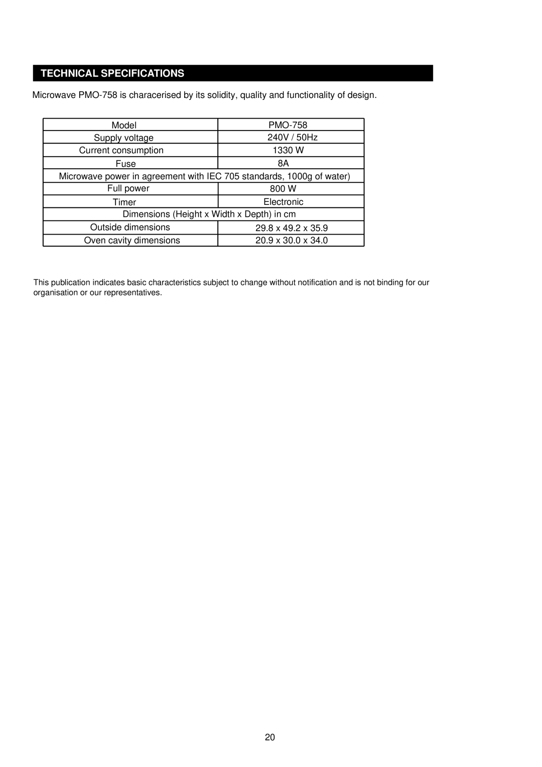 Palsonic PMO-758 manual Technical Specifications 