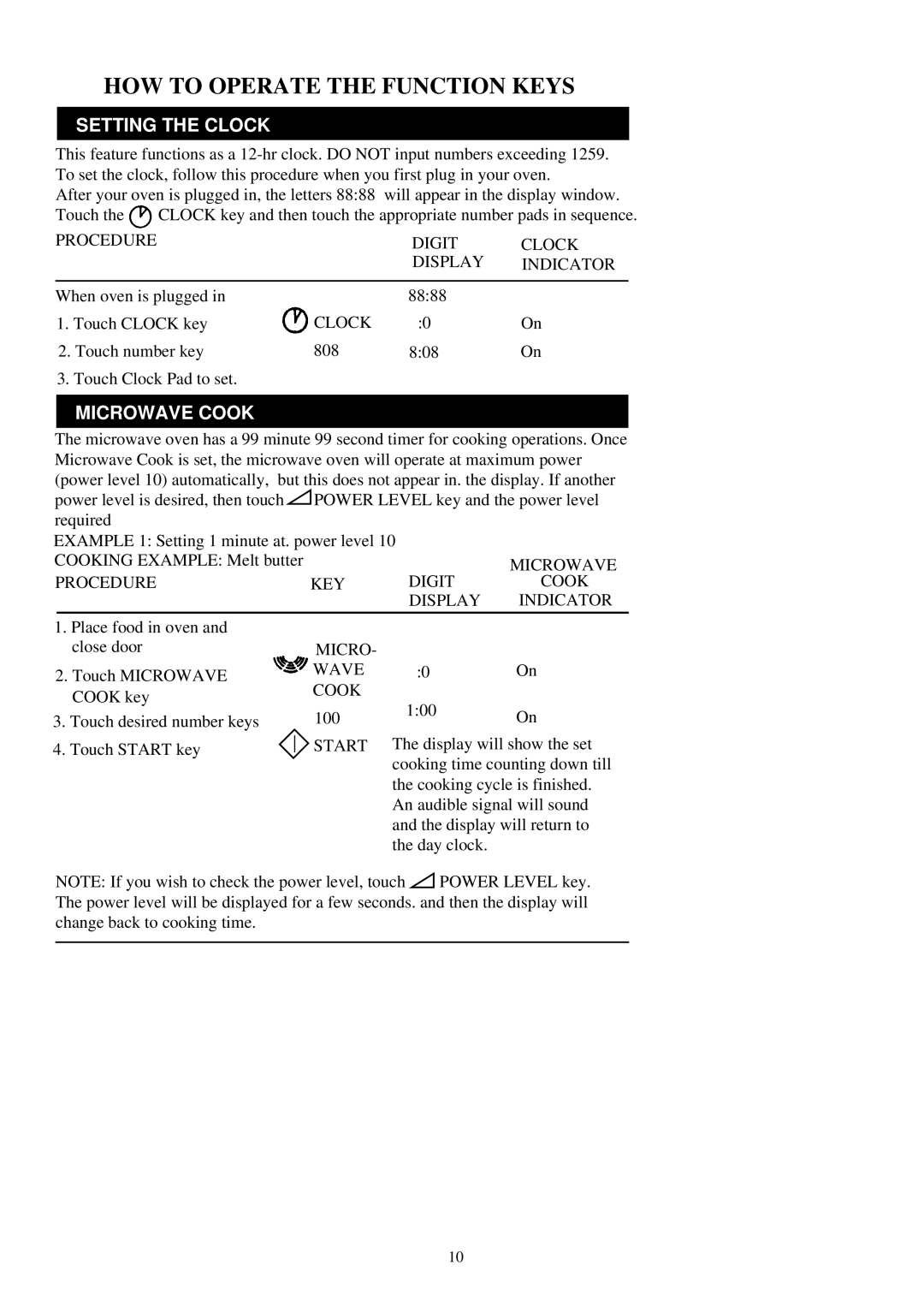 Palsonic PMO-800 HOW to Operate the Function Keys, Procedure Digit Clock Display, KEY Micro Wave Cook, Start Digit Display 