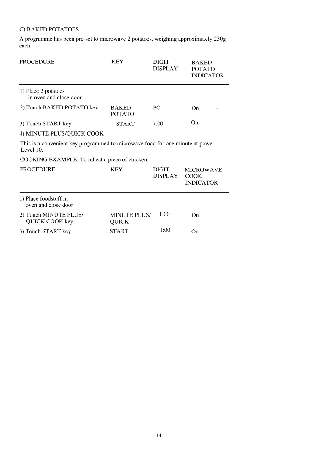 Palsonic PMO-800 Baked Potatoes, Procedure KEY Digit Baked Display, Minute PLUS/QUICK Cook, Display Cook Indicator, Quick 