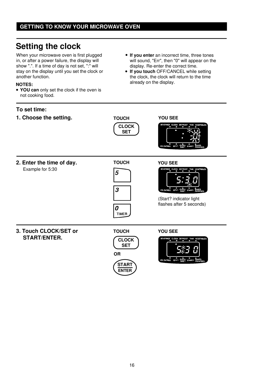 Palsonic PMO-850, PMO-888 Setting the clock, To set time Choose the setting, Enter the time of day, Touch CLOCK/SET or 