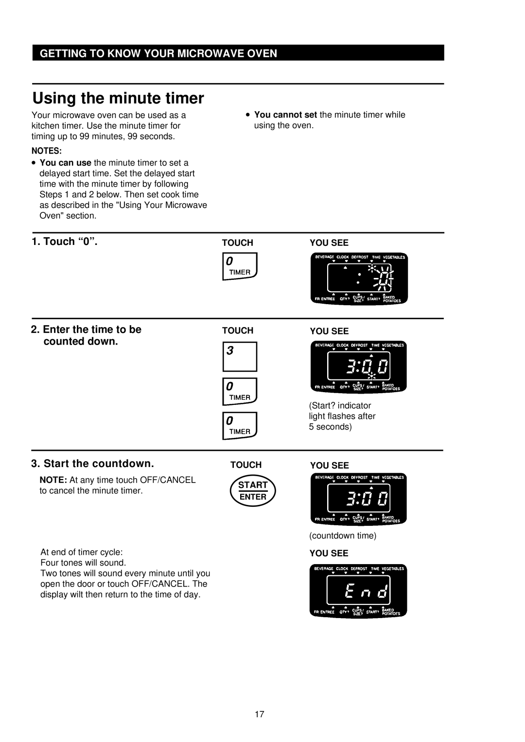 Palsonic PMO-888, PMO-850 Using the minute timer, Touch, Enter the time to be, Counted down, Start the countdown 