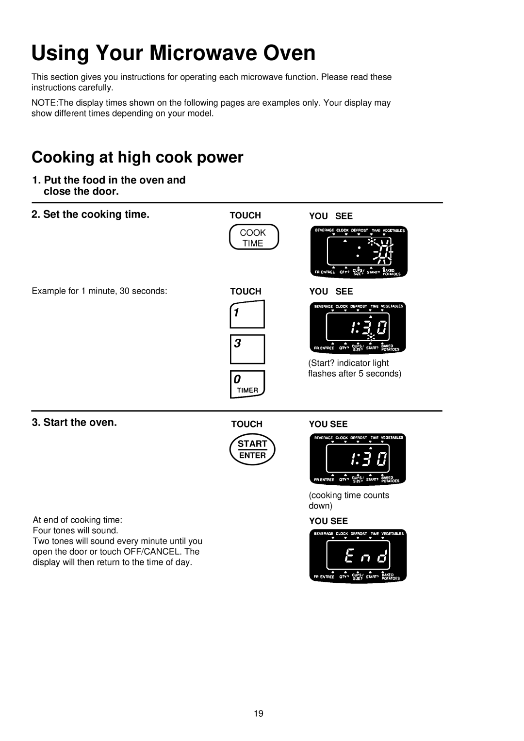 Palsonic PMO-888, PMO-850 installation instructions Cooking at high cook power, Example for 1 minute, 30 seconds 