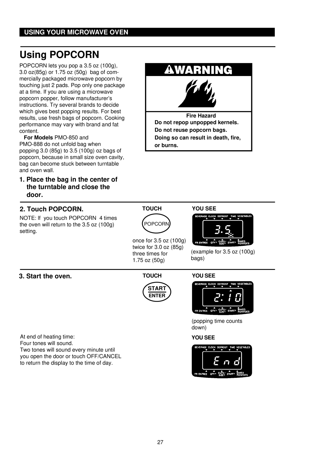 Palsonic PMO-888, PMO-850 installation instructions Using Popcorn 