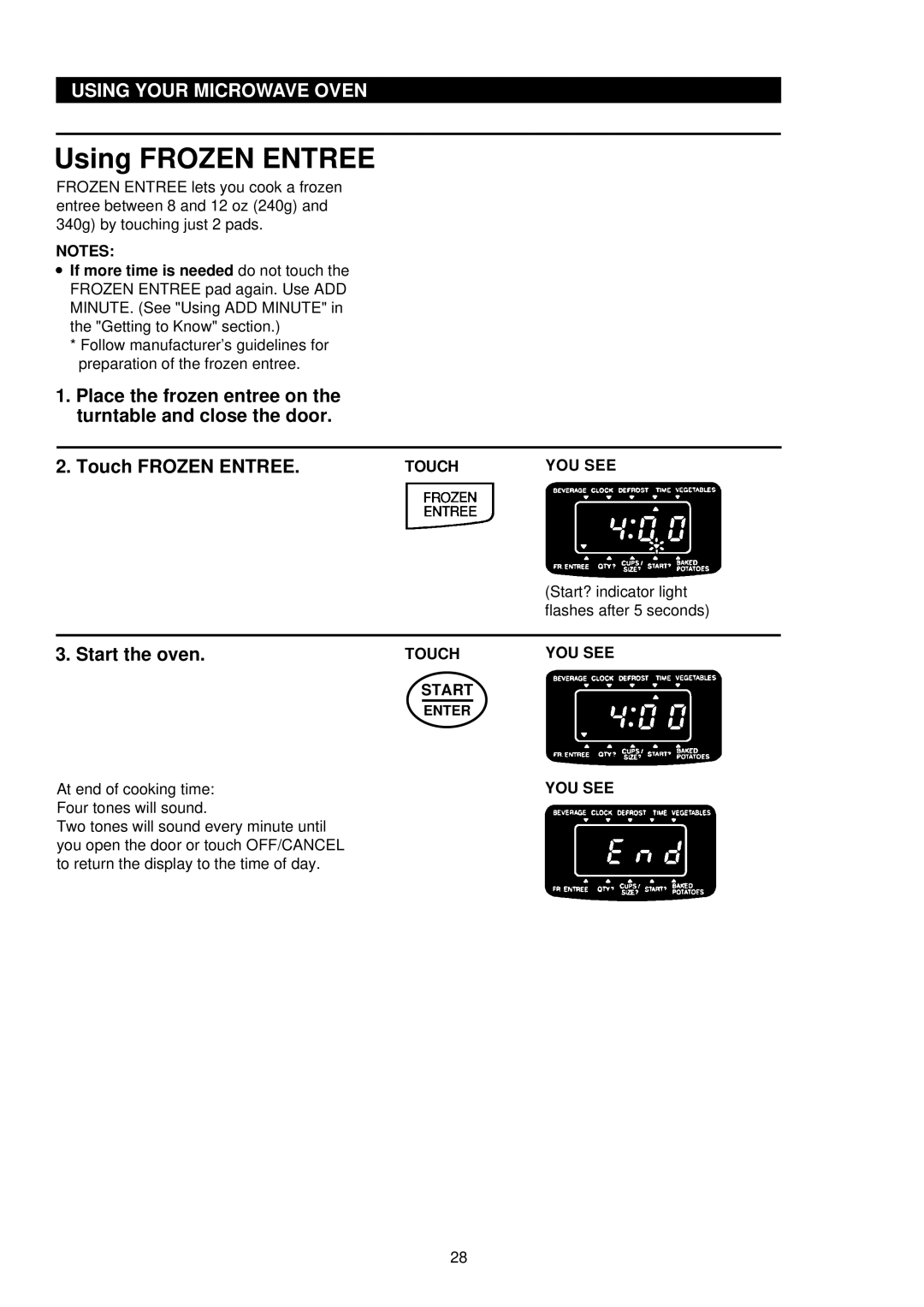 Palsonic PMO-850, PMO-888 installation instructions Using Frozen Entree 