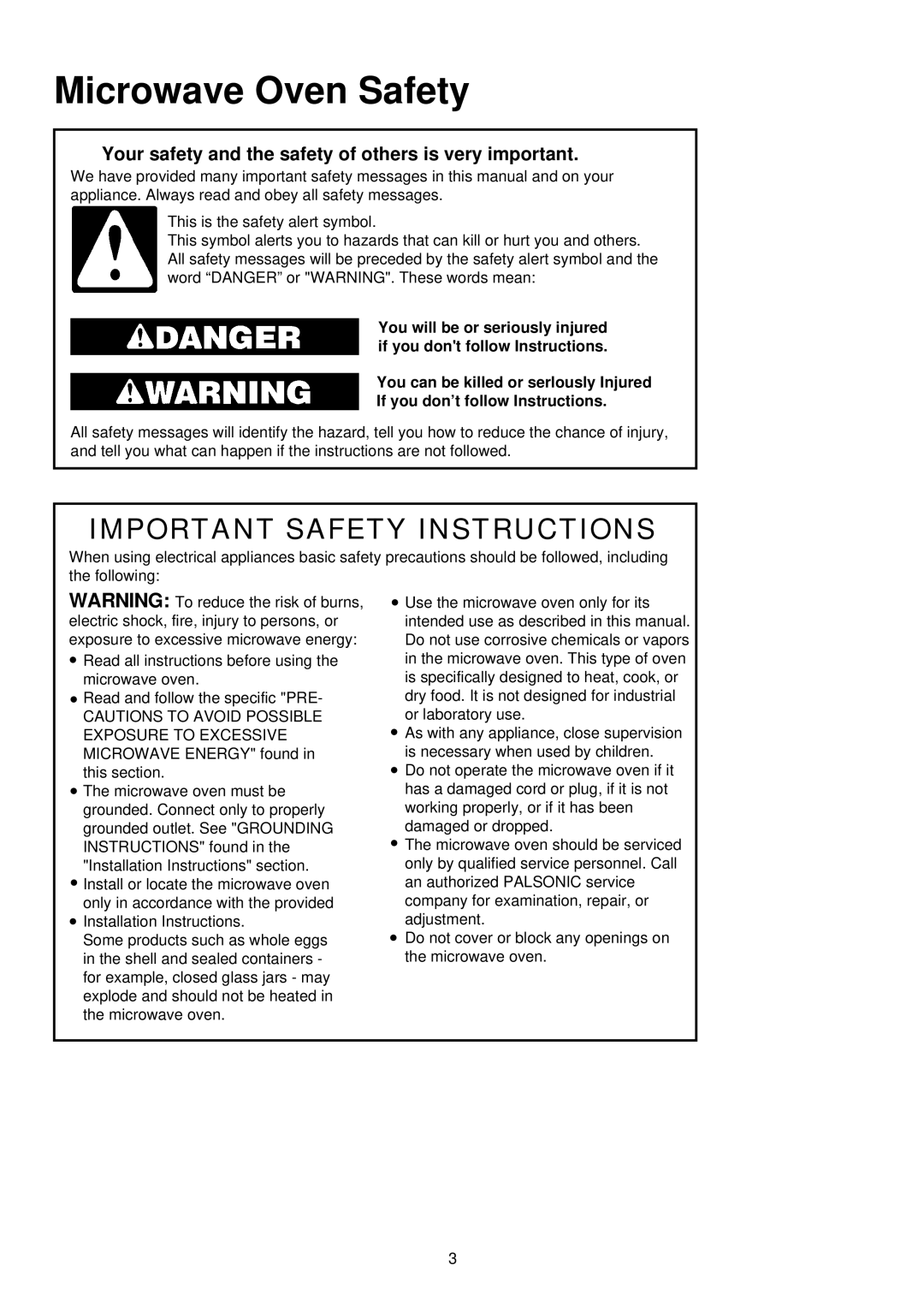 Palsonic PMO-888, PMO-850 Microwave Oven Safety, Your safety and the safety of others is very important 