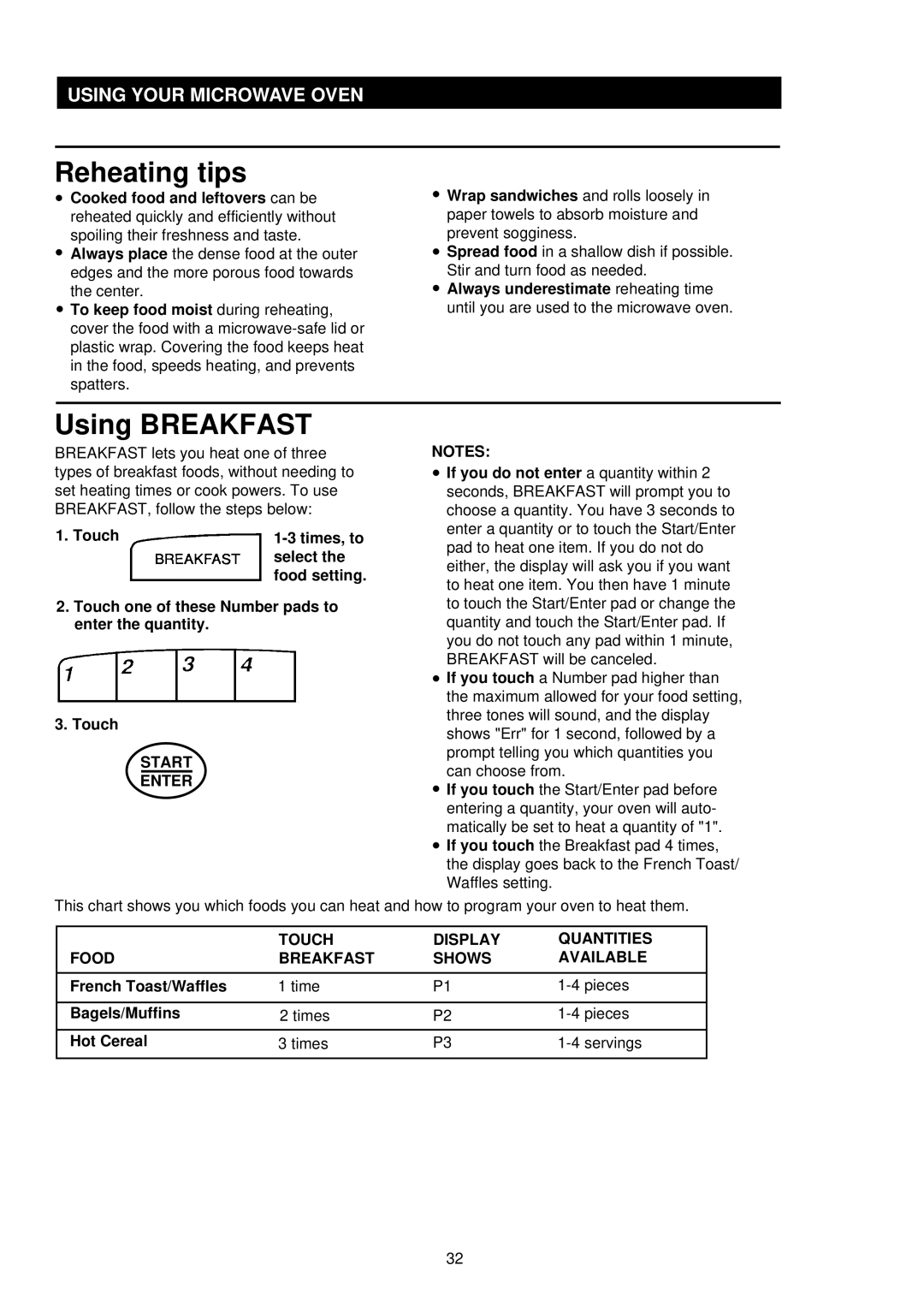 Palsonic PMO-850, PMO-888 Reheating tips, Using Breakfast, French Toast/Waffles, Bagels/Muffins, Hot Cereal 