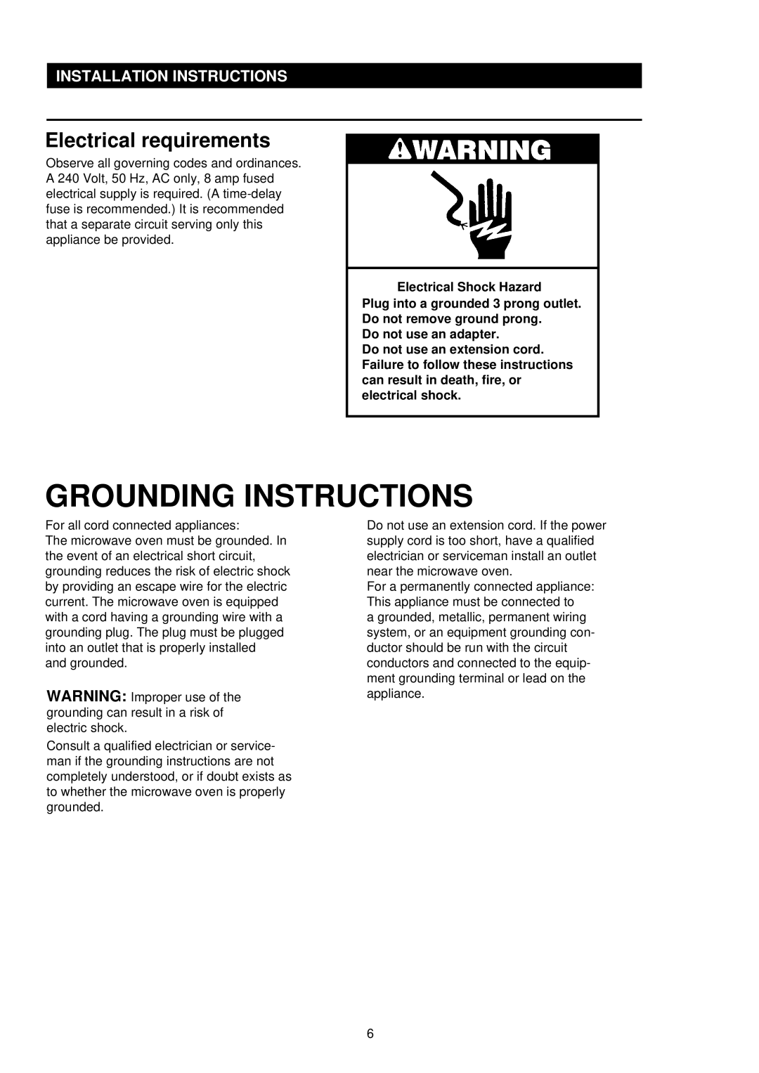 Palsonic PMO-850, PMO-888 installation instructions Grounding Instructions, Electrical requirements 