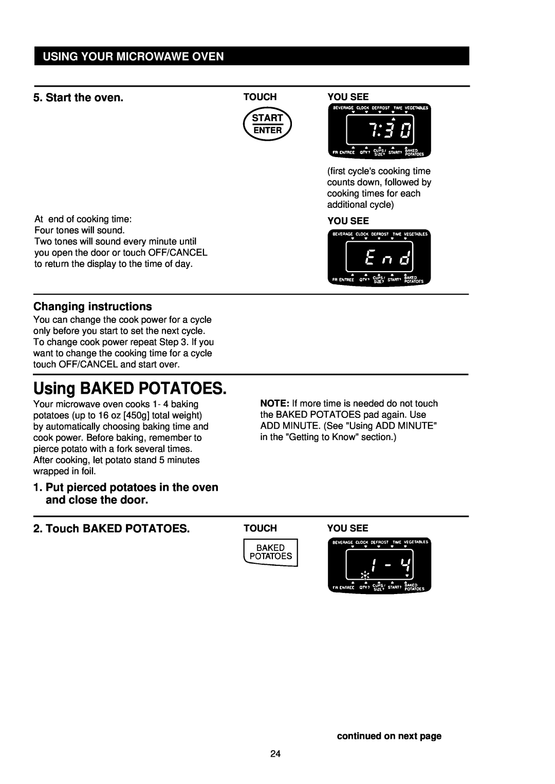 Palsonic PMO-850, PMO-888 Using BAKED POTATOES, Using Your Microwawe Oven, Start the oven, Changing instructions 