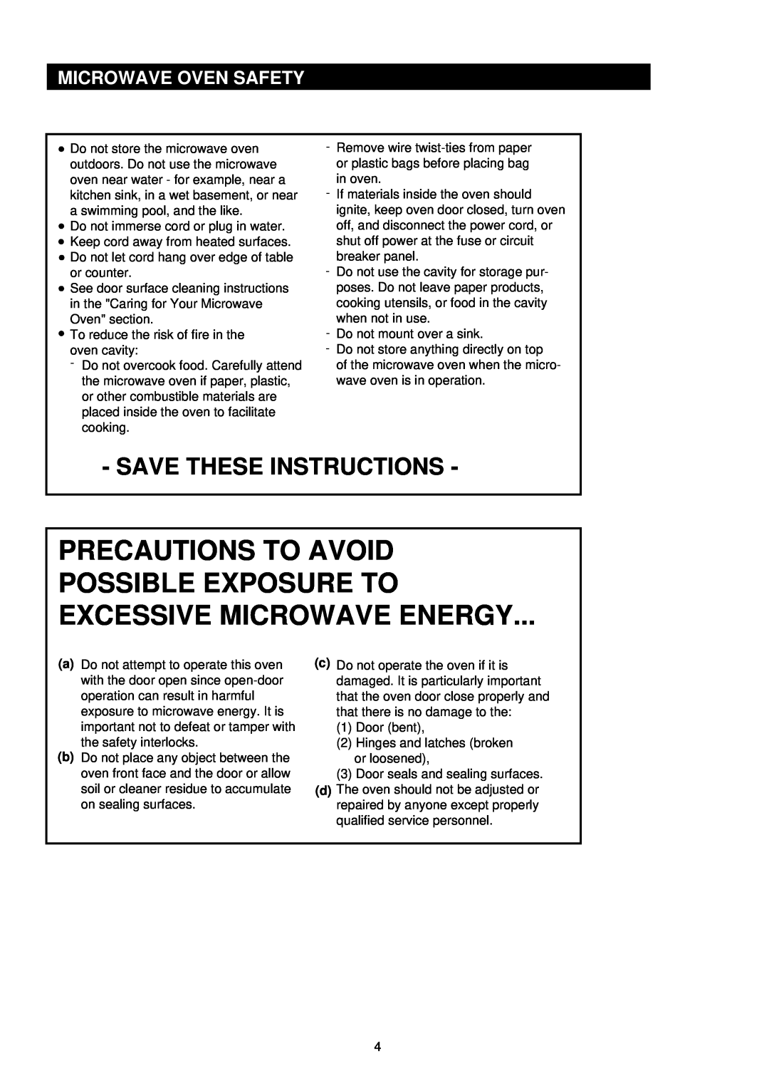 Palsonic PMO-850, PMO-888 Precautions To Avoid Possible Exposure To Excessive Microwave Energy, Save These Instructions 