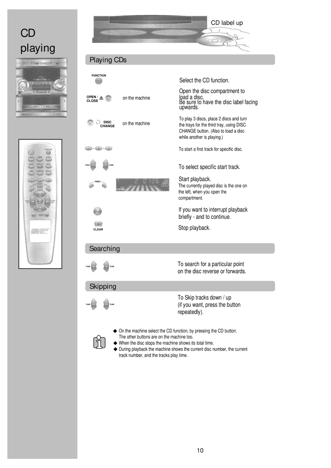 Palsonic PMSL-329, PSML-729 instruction manual Playing CDs, Searching, Skipping 