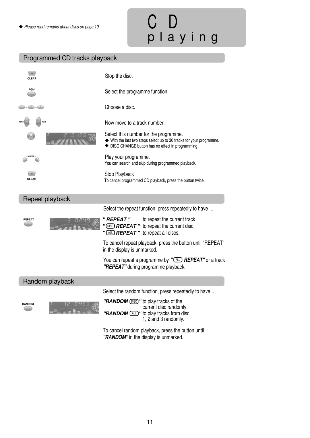 Palsonic PSML-729, PMSL-329 Programmed CD tracks playback, Repeat playback, Random playback, Play your programme 