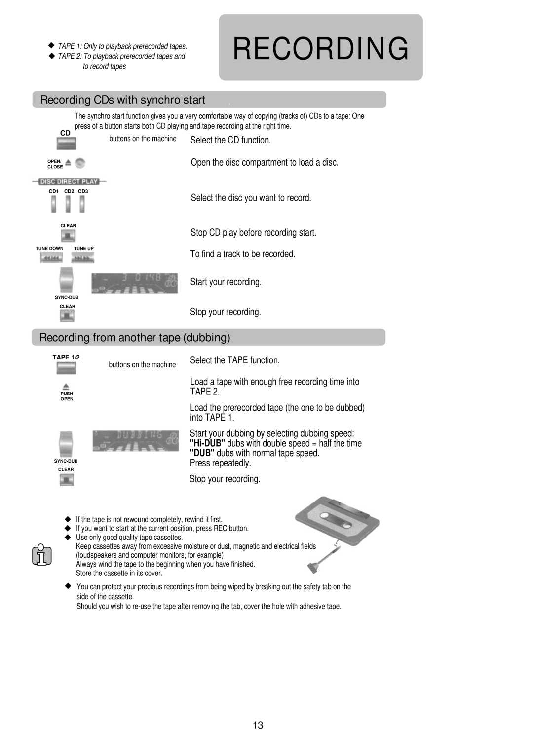 Palsonic PSML-729, PMSL-329 instruction manual Recording CDs with synchro start, Recording from another tape dubbing 