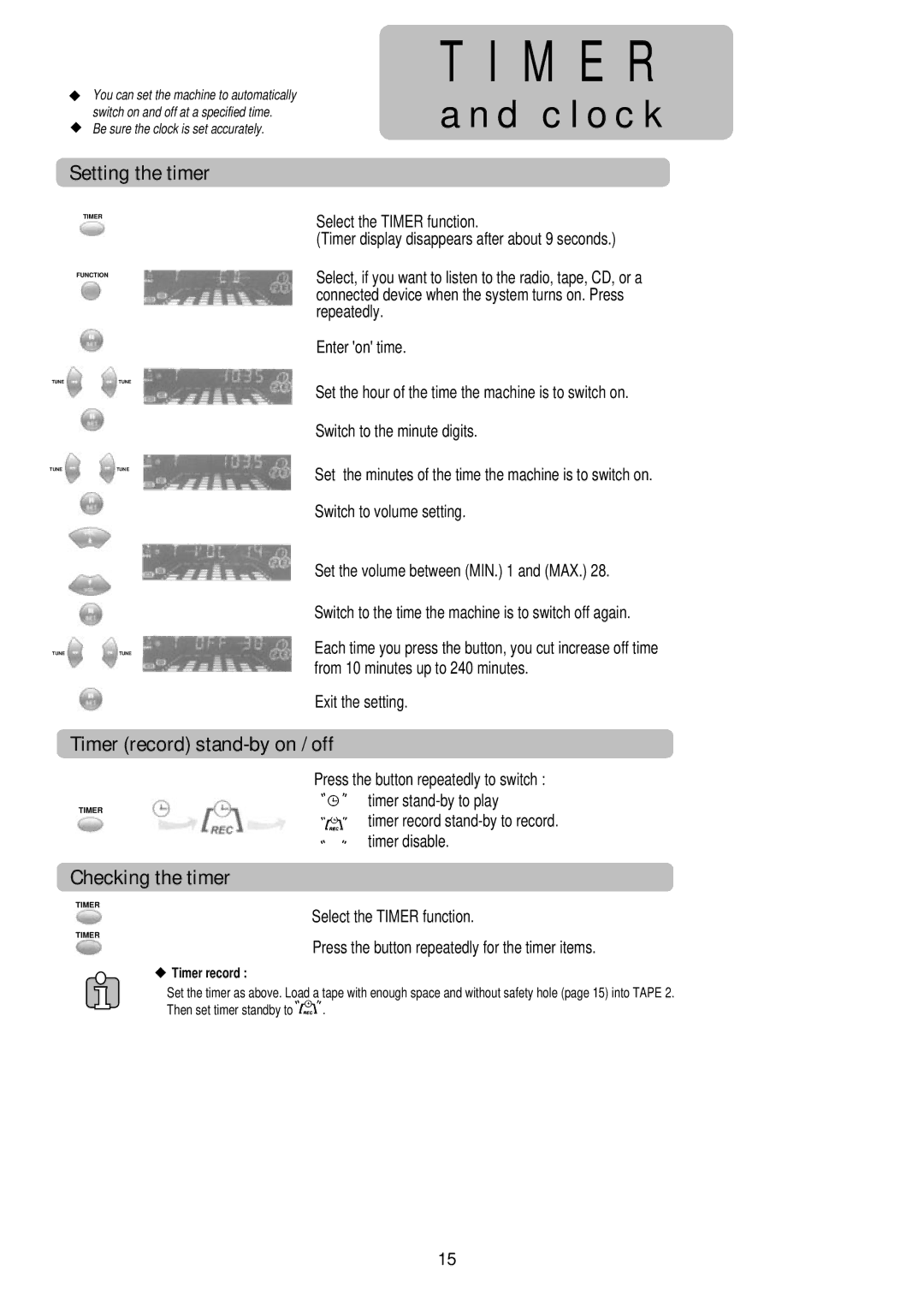 Palsonic PSML-729, PMSL-329 M E R, Setting the timer, Timer record stand-by on / off, Checking the timer, Exit the setting 