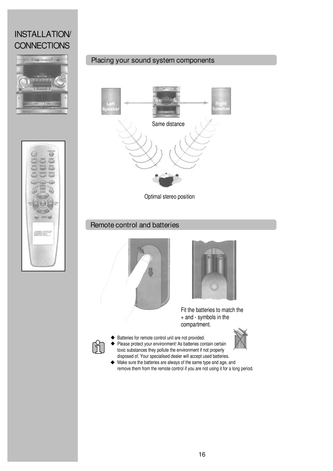 Palsonic PMSL-329, PSML-729 instruction manual Placing your sound system components, Remote control and batteries 