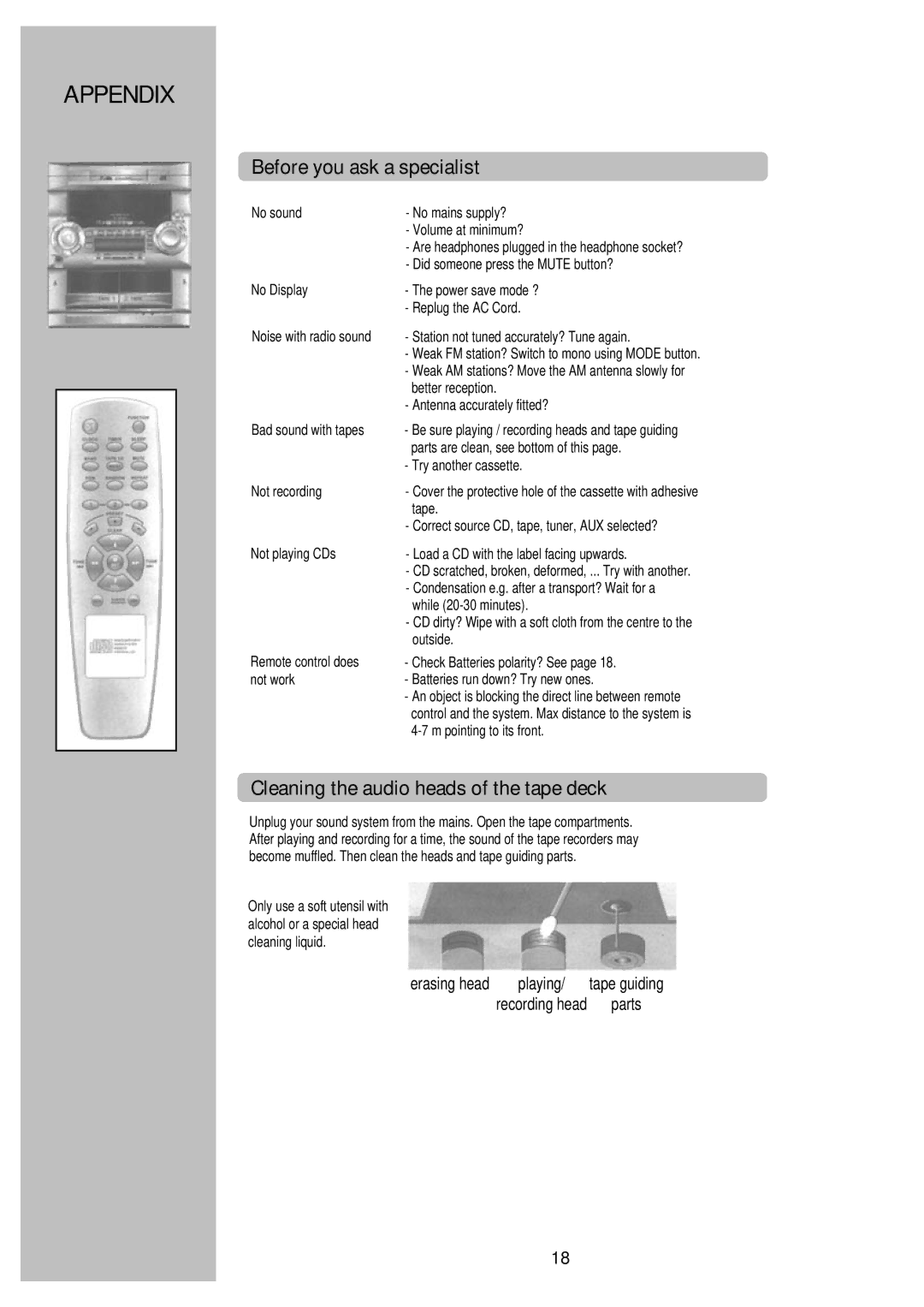 Palsonic PMSL-329, PSML-729 instruction manual Before you ask a specialist, Cleaning the audio heads of the tape deck 