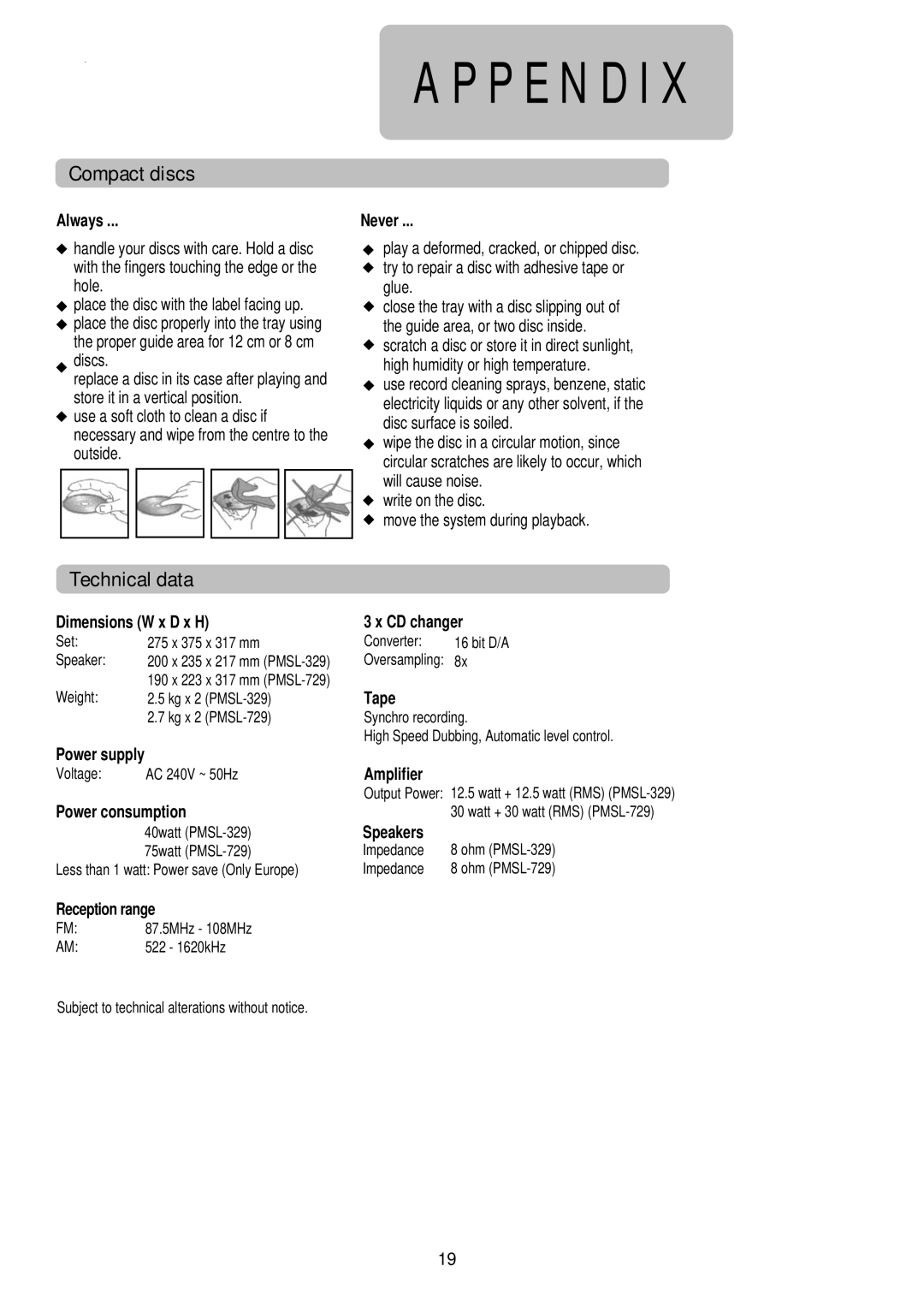 Palsonic PSML-729, PMSL-329 instruction manual Appendix, Compact discs, Technical data 