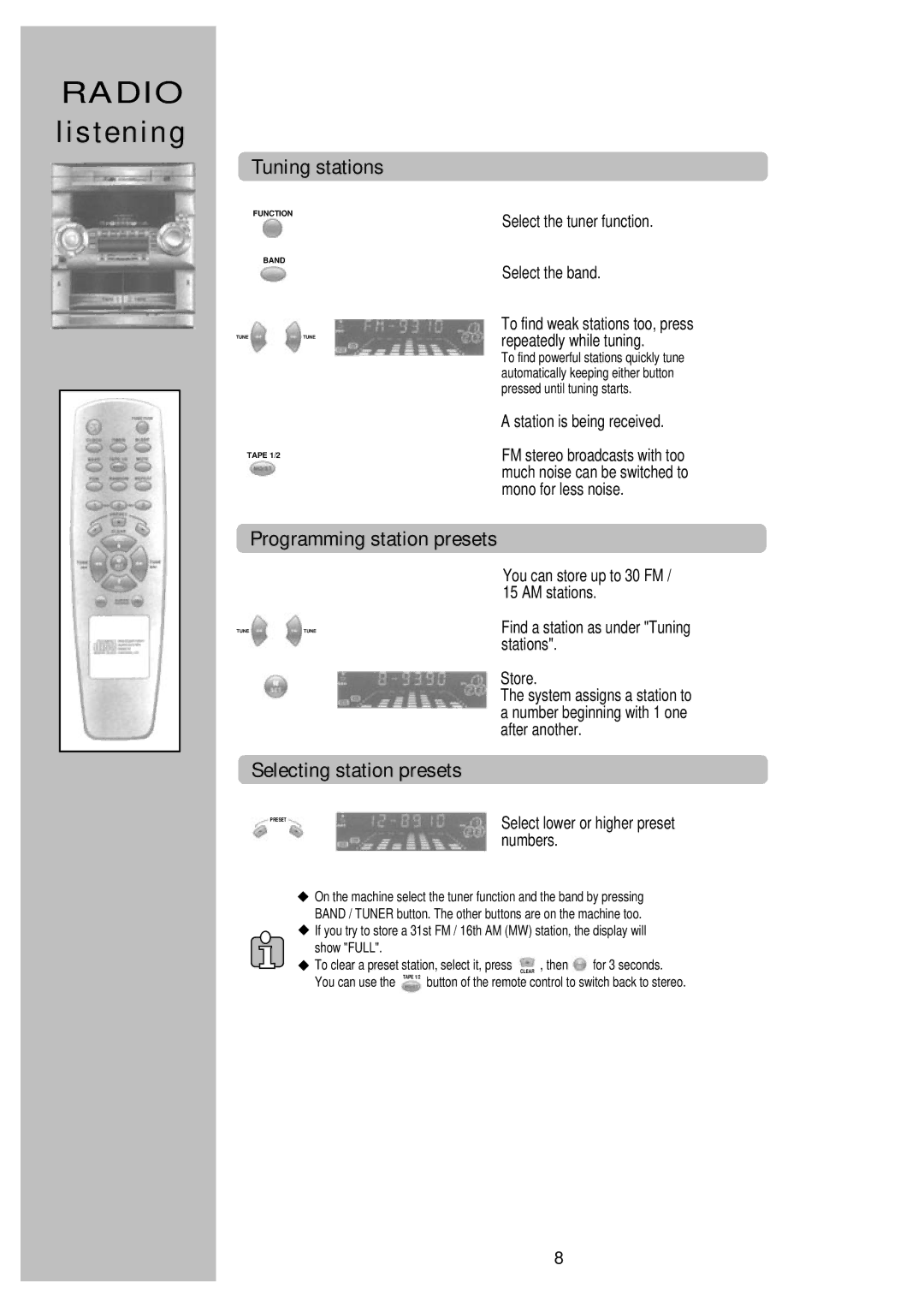 Palsonic PMSL-329, PSML-729 Tuning stations, Programming station presets, Selecting station presets, Numbers 