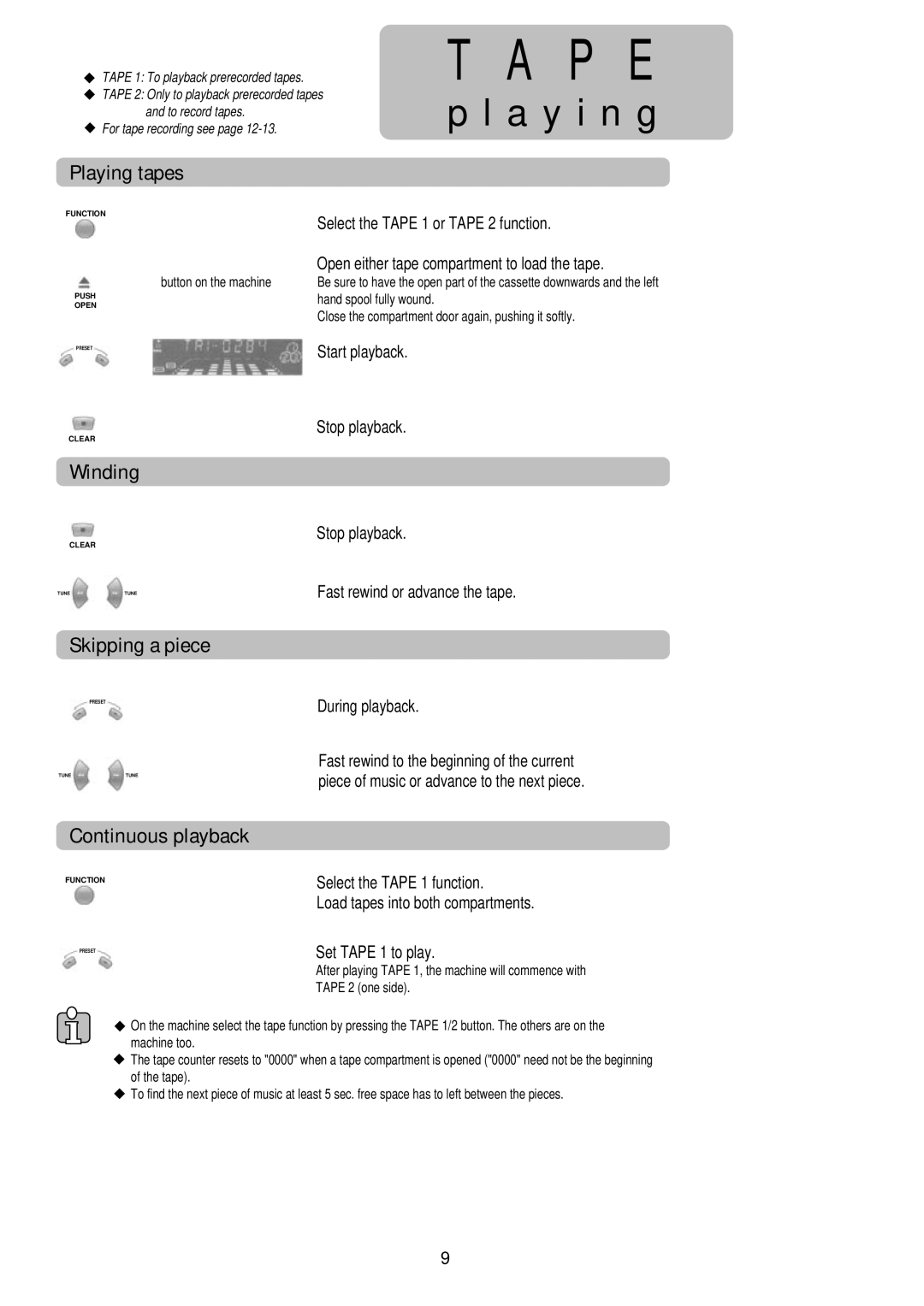 Palsonic PSML-729, PMSL-329 instruction manual P E, Playing tapes, Winding, Skipping a piece, Continuous playback 