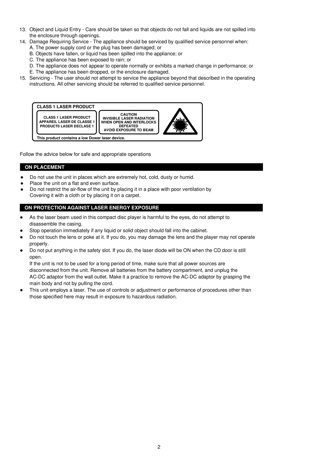 Palsonic PRC-241 instruction manual On Placement, On Protection Against Laser Energy Exposure 