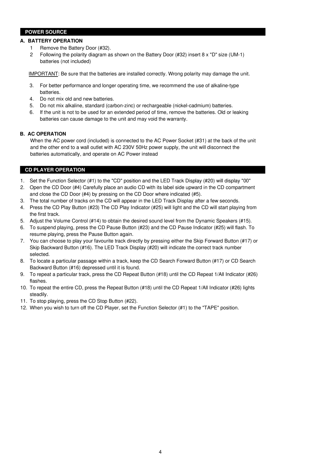 Palsonic PRC-241 instruction manual Power Source, CD Player Operation 