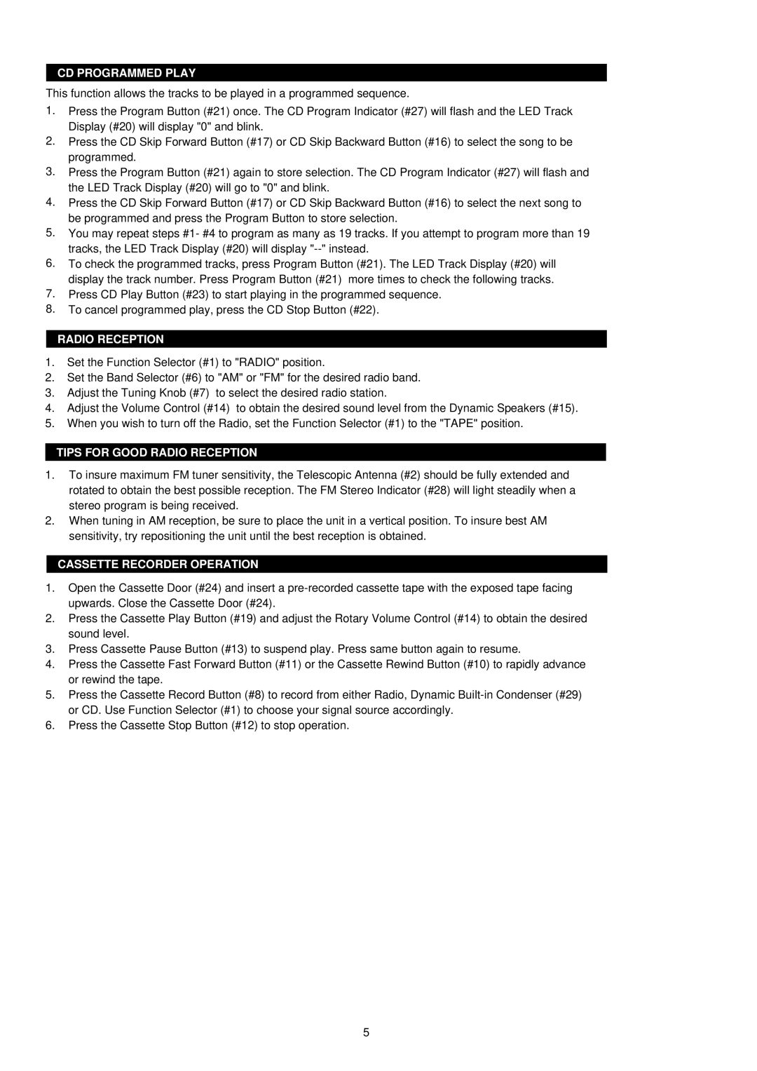 Palsonic PRC-241 instruction manual CD Programmed Play, Tips for Good Radio Reception, Cassette Recorder Operation 