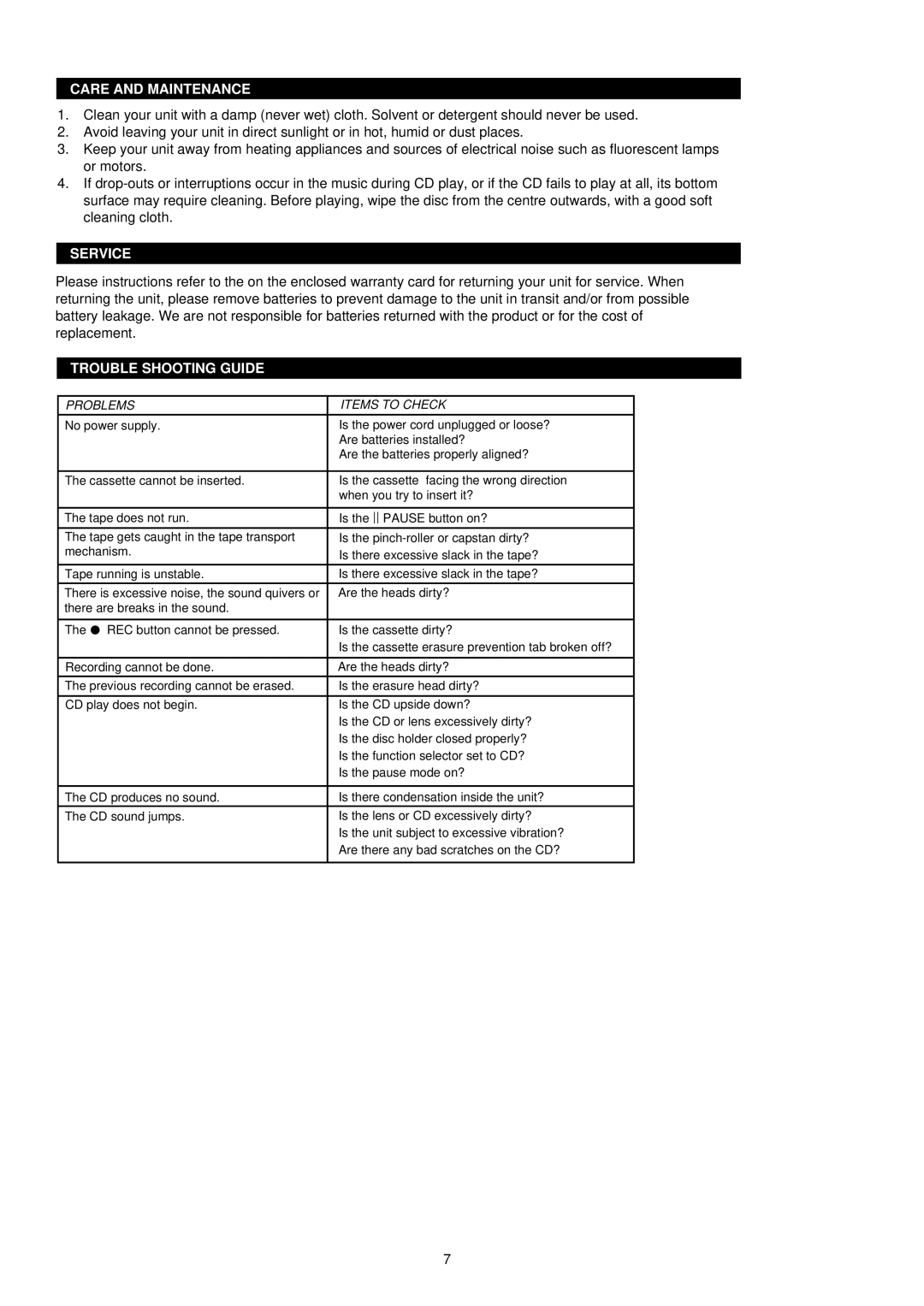 Palsonic PRC-241 instruction manual Care and Maintenance, Service, Trouble Shooting Guide 