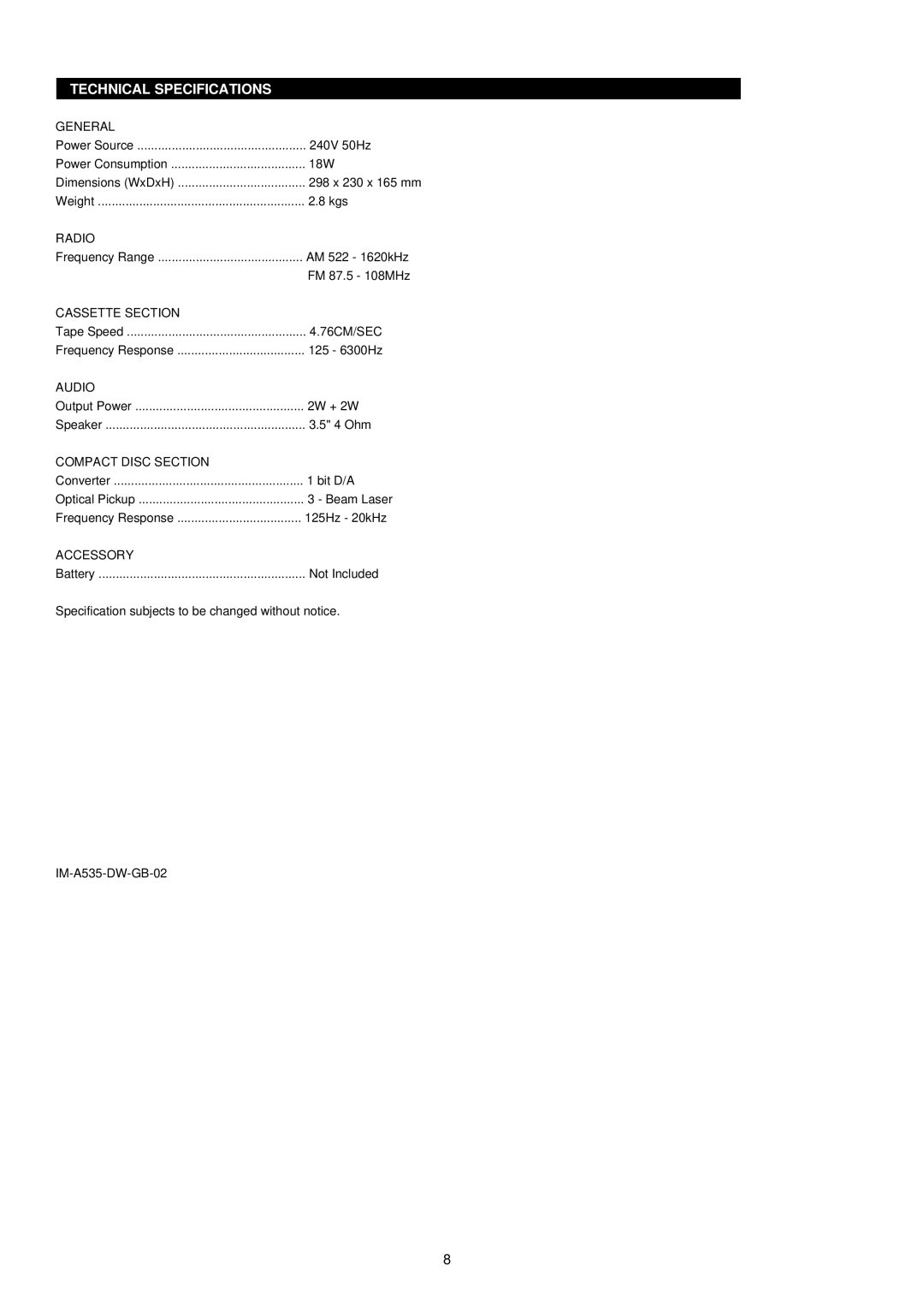 Palsonic PRC-241 instruction manual Technical Specifications 