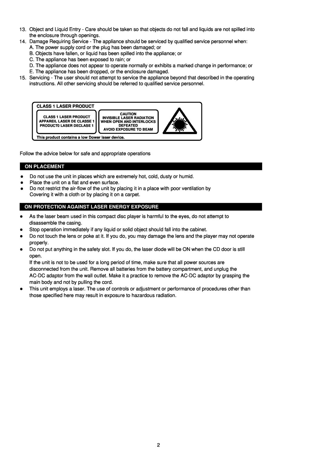 Palsonic PRC-241 instruction manual On Placement, On Protection Against Laser Energy Exposure 