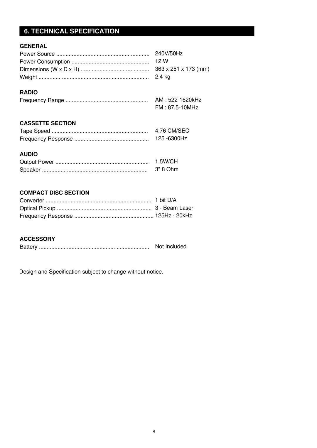 Palsonic PRC-510 instruction manual Technical Specification, General 