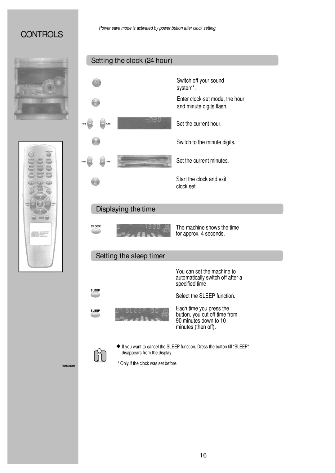 Palsonic PSML-826 Setting the clock 24 hour, Displaying the time, Setting the sleep timer, Switch off your sound system 