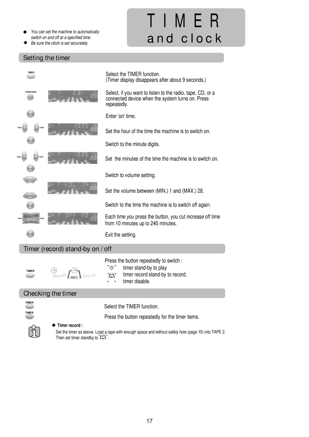 Palsonic PSML-826 Setting the timer, Timer record stand-by on / off, Checking the timer, Exit the setting 