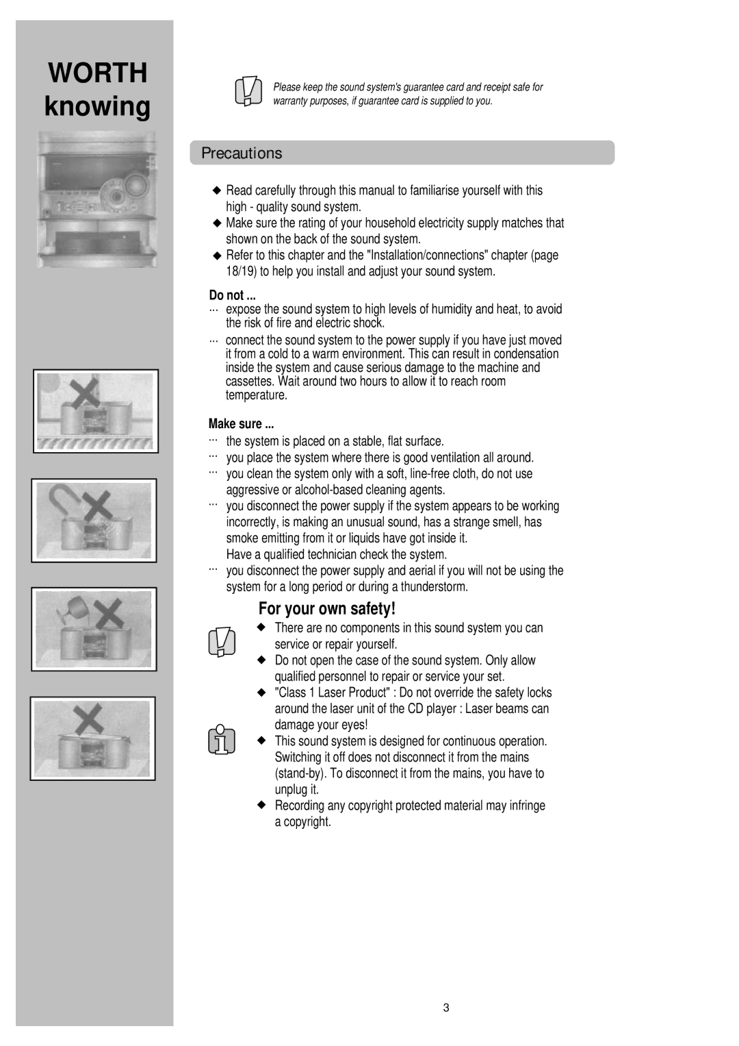 Palsonic PSML-826 instruction manual Precautions, For your own safety, Have a qualified technician check the system 