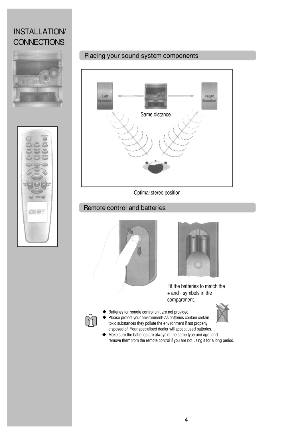 Palsonic PSML-826 instruction manual Placing your sound system components, Remote control and batteries 