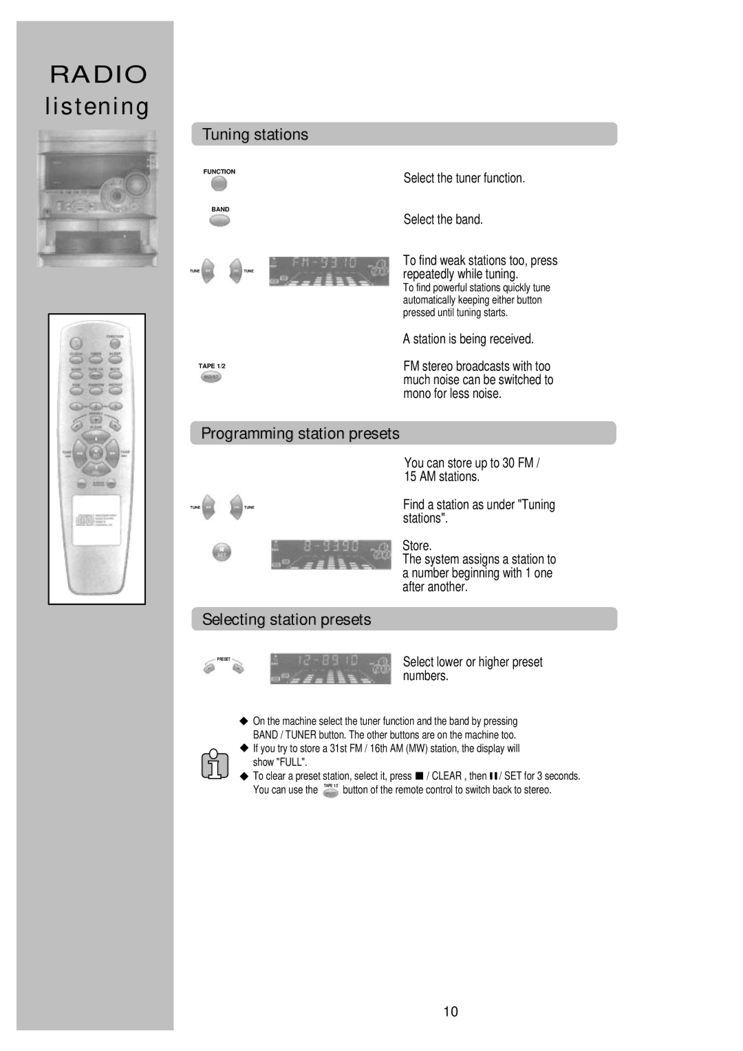 Palsonic PSML-926 Tuning stations, Programming station presets, Selecting station presets, Station is being received 