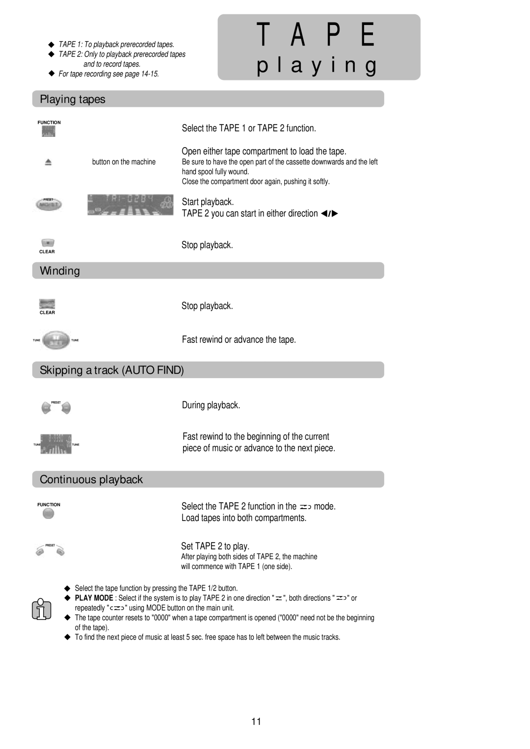 Palsonic PSML-926 instruction manual Playing tapes, Winding, Skipping a track Auto Find, Continuous playback 