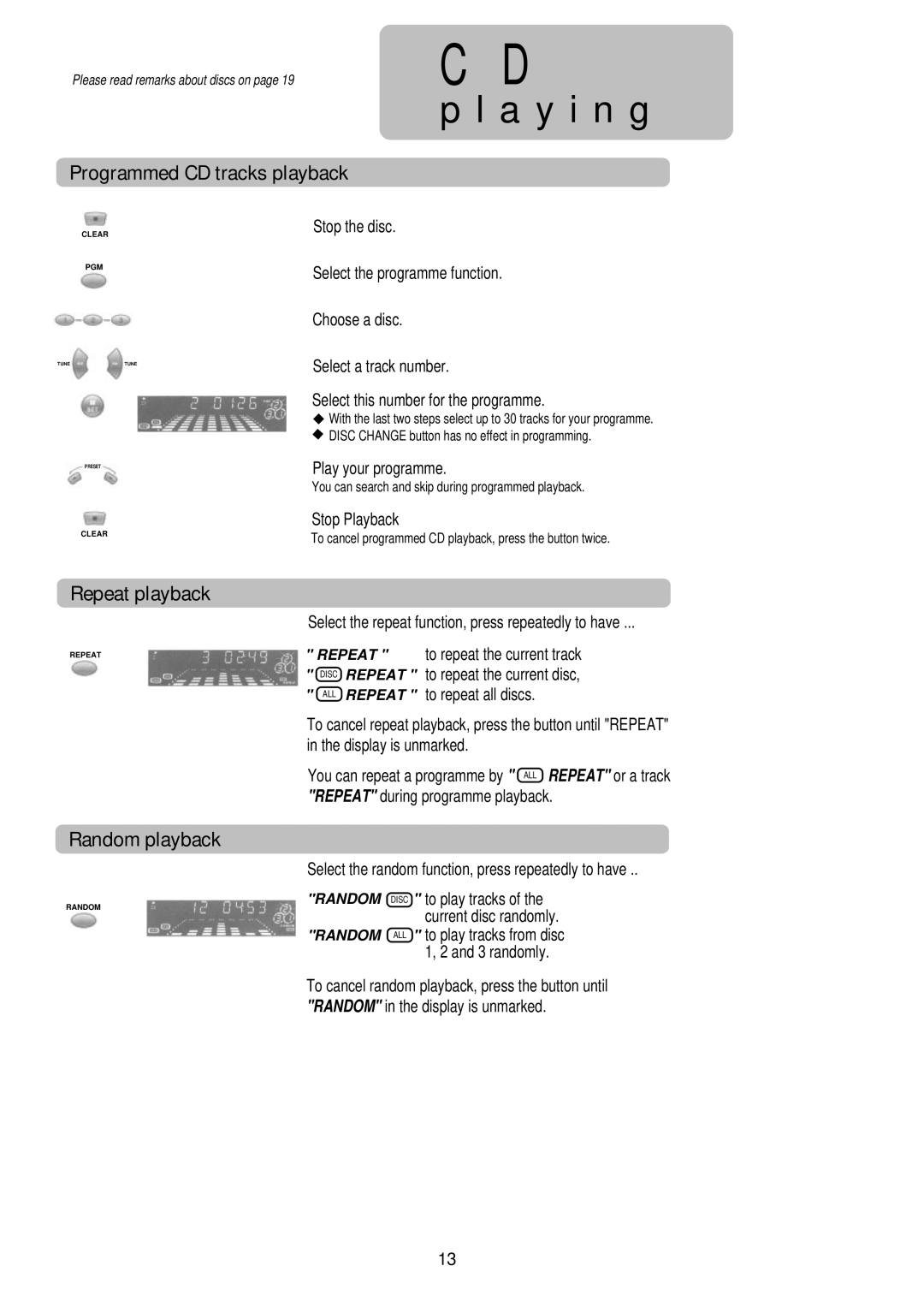 Palsonic PSML-926 instruction manual Programmed CD tracks playback, Repeat playback, Random playback, Play your programme 