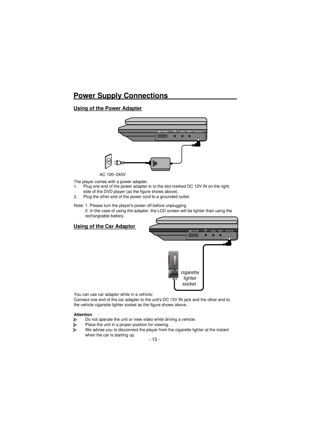 Palsonic PVP-150 user manual Power Supply Connections, Using of the Power Adapter, Using of the Car Adaptor 