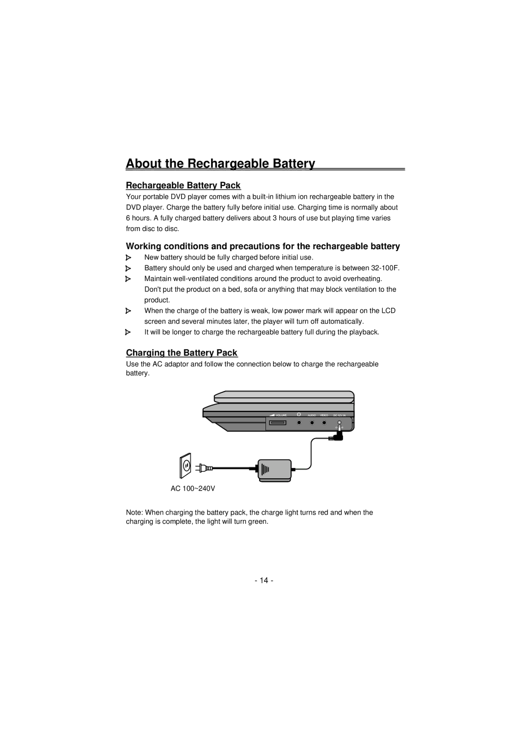 Palsonic PVP-150 user manual About the Rechargeable Battery, Rechargeable Battery Pack, Charging the Battery Pack 