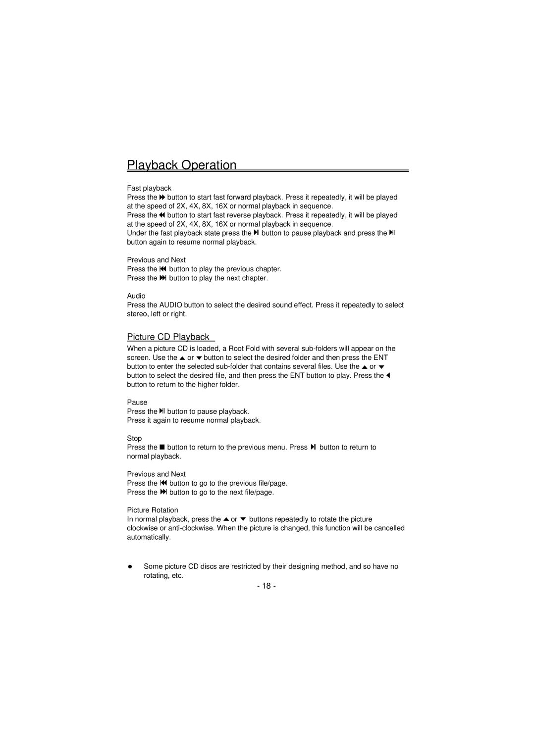 Palsonic PVP-150 user manual Picture CD Playback, Fast playback, Picture Rotation 