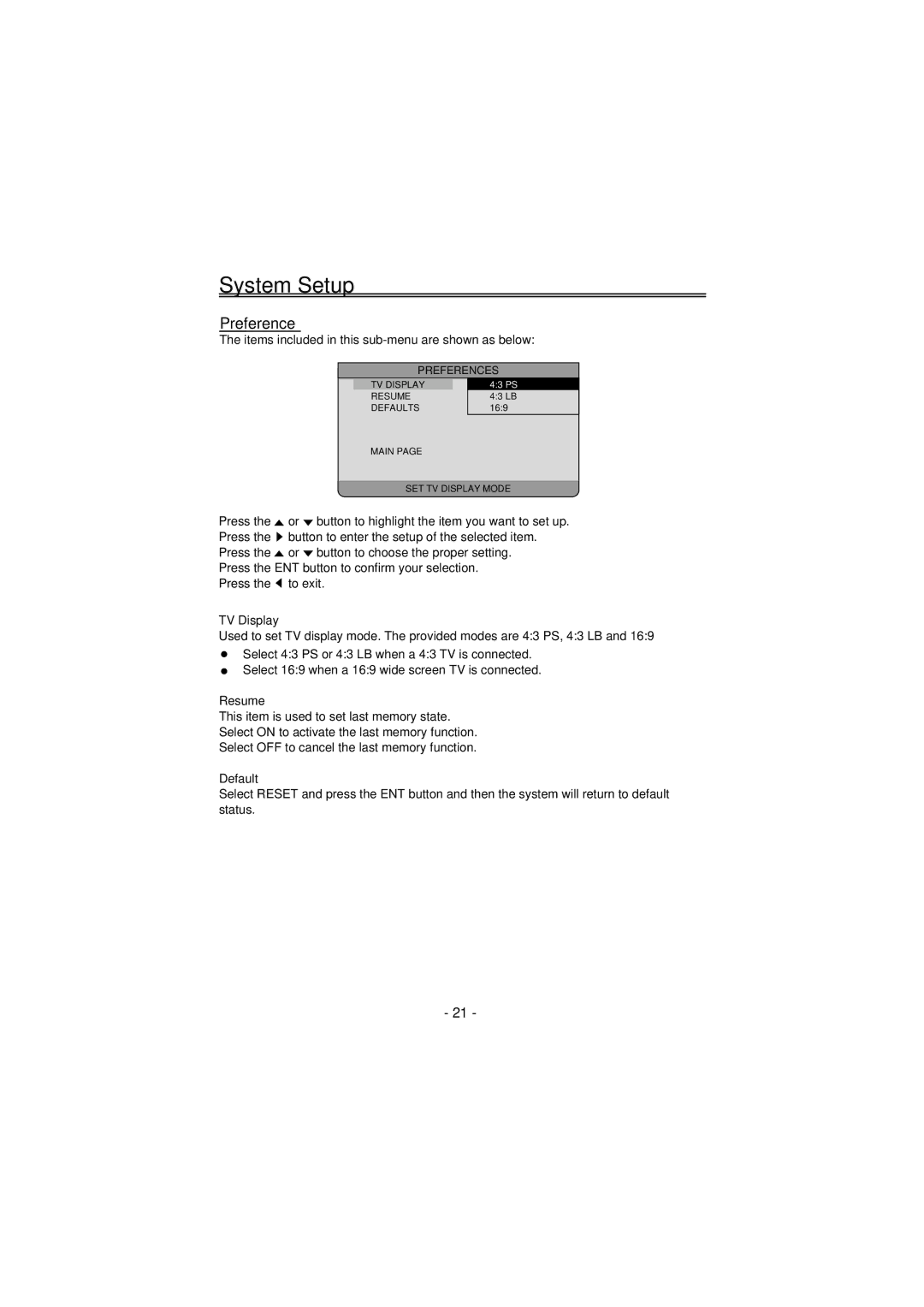 Palsonic PVP-150 user manual Preference, TV Display, Resume, Default 