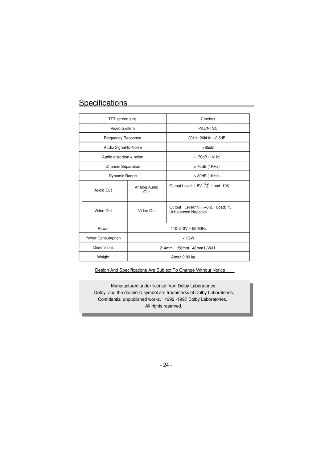 Palsonic PVP-150 user manual Specifications, Pal/Ntsc 