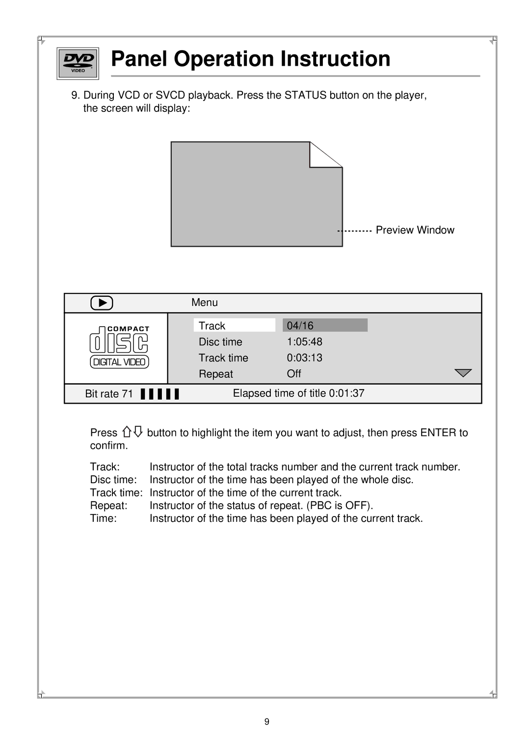 Palsonic PVP100 manual Panel Operation Instruction 