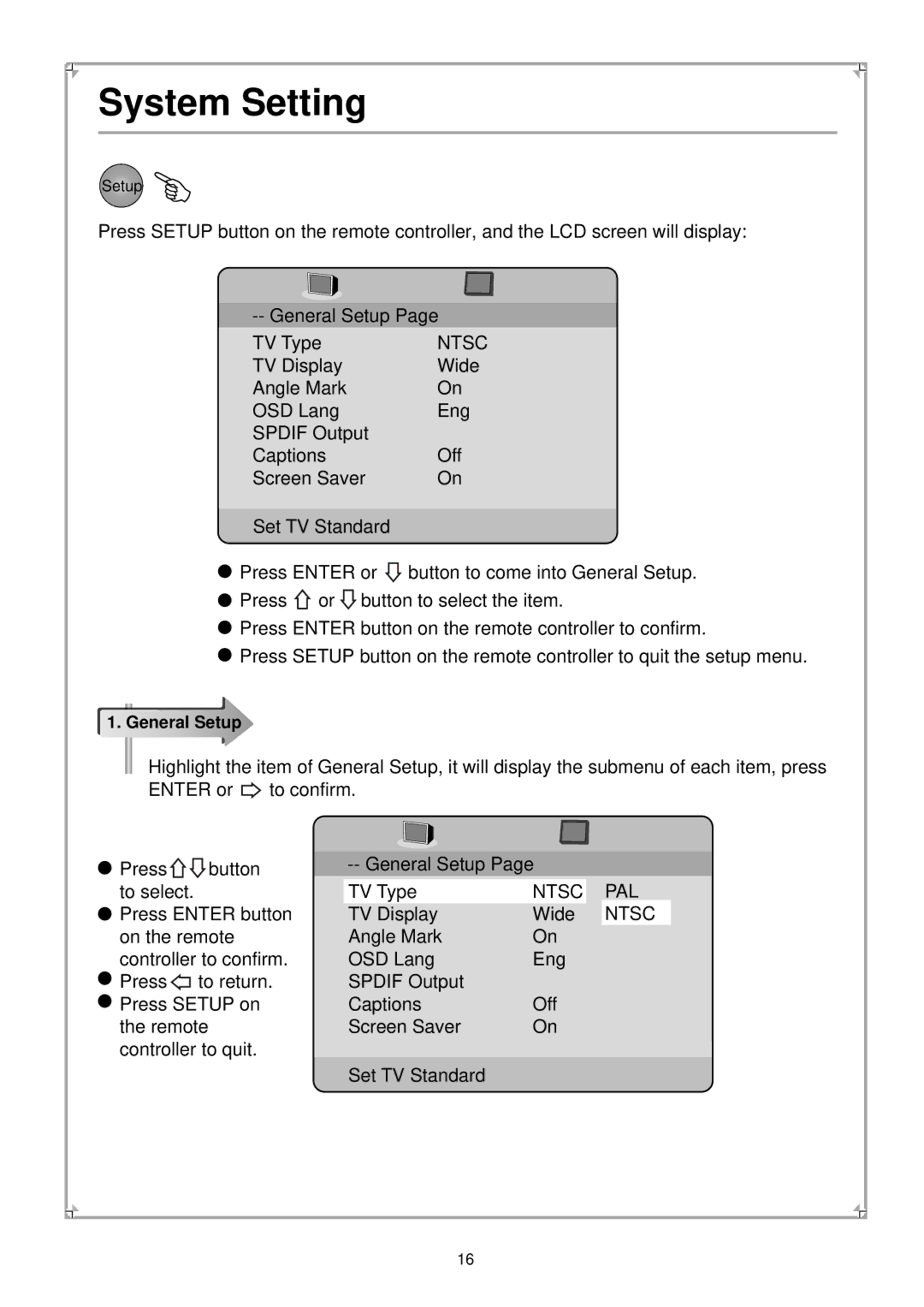 Palsonic PVP100 manual System Setting, Ntsc 