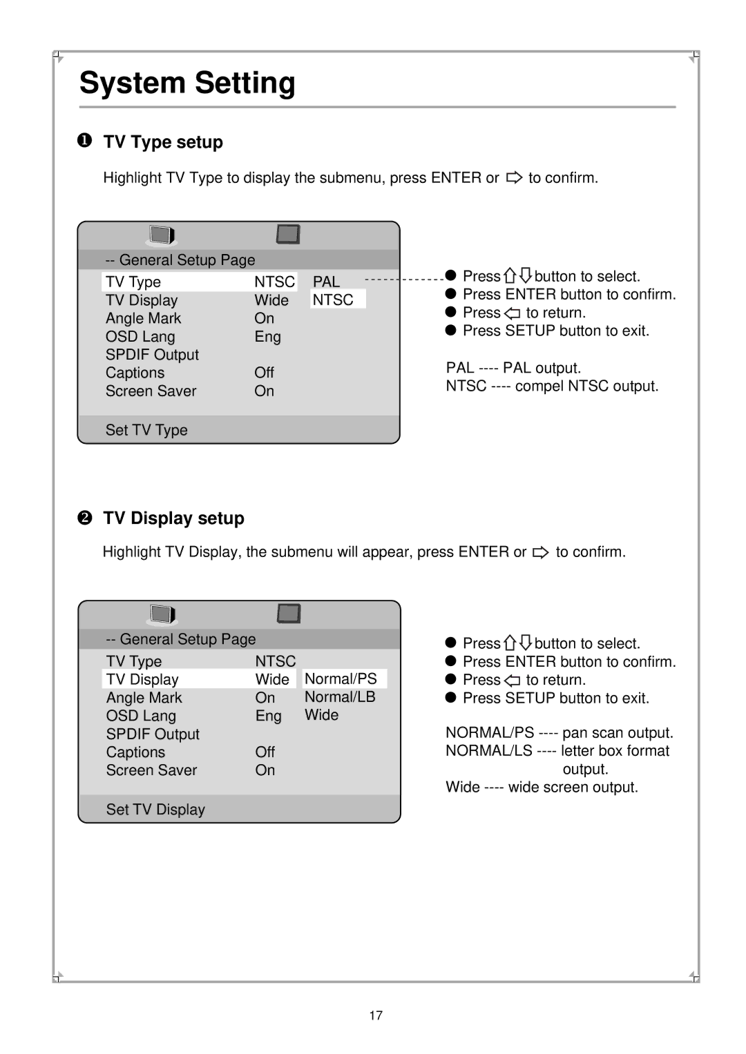 Palsonic PVP100 manual TV Type setup, TV Display setup 