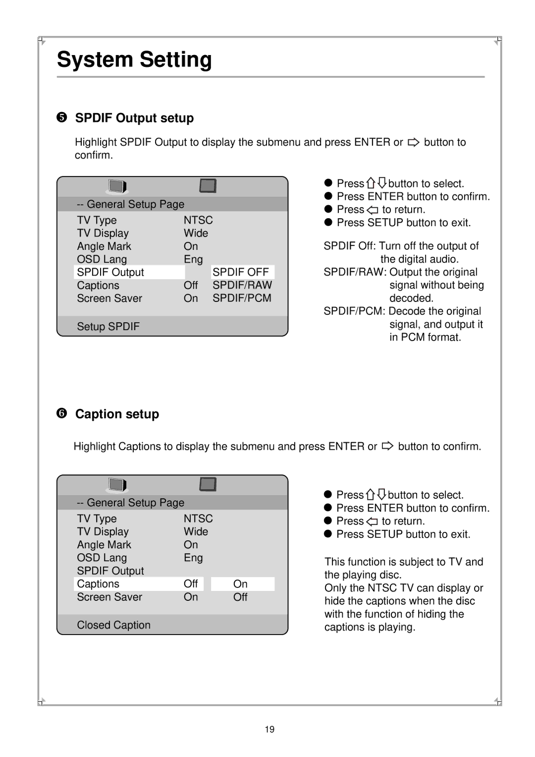 Palsonic PVP100 manual Spdif Output setup, Caption setup 