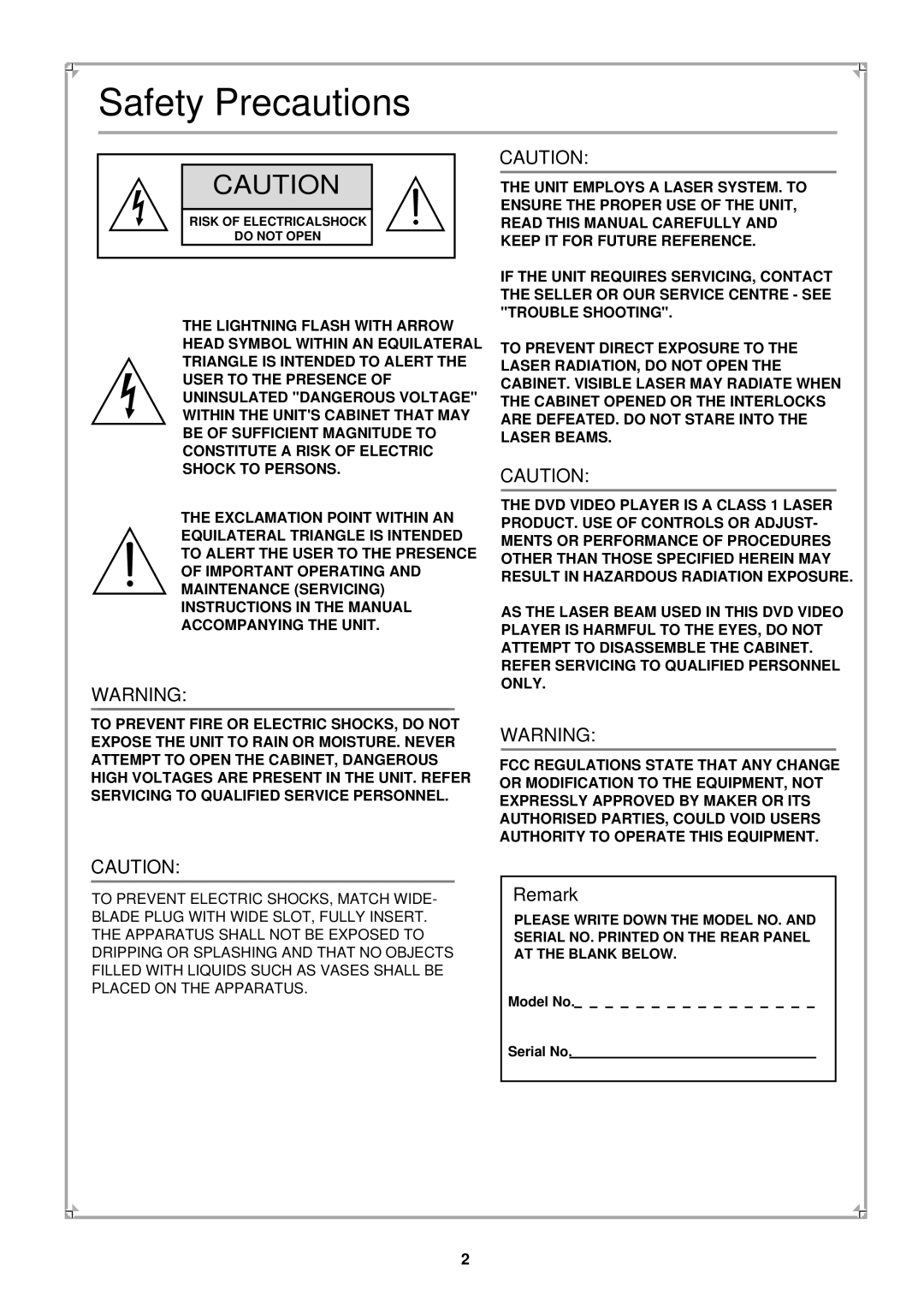 Palsonic PVP100 manual Safety Precautions, Remark 