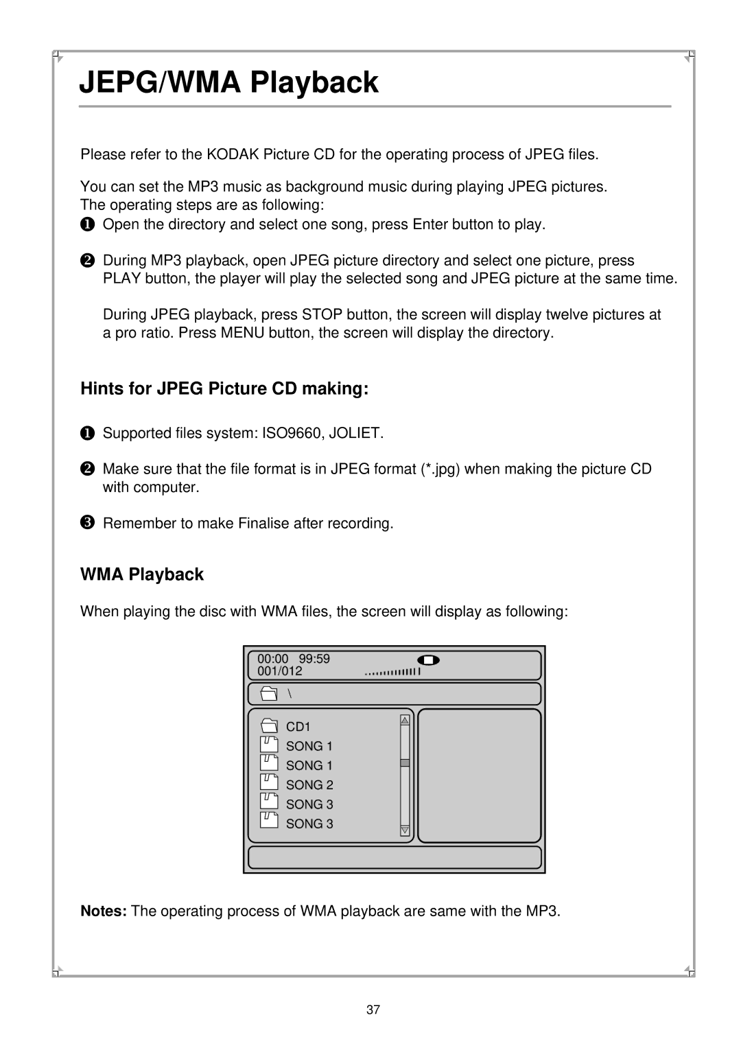 Palsonic PVP100 manual JEPG/WMA Playback, Hints for Jpeg Picture CD making 