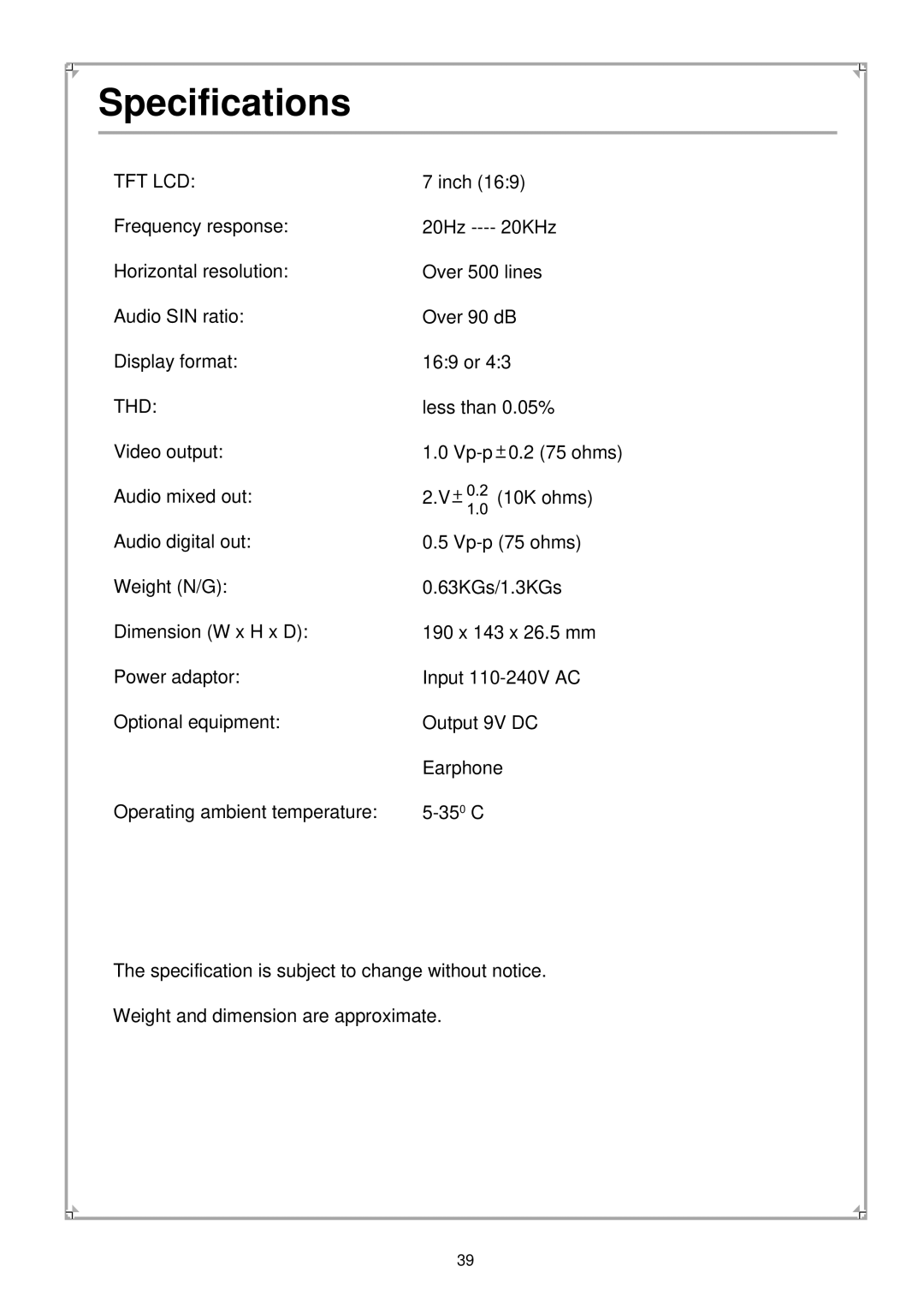 Palsonic PVP100 manual Specifications, Tft Lcd 